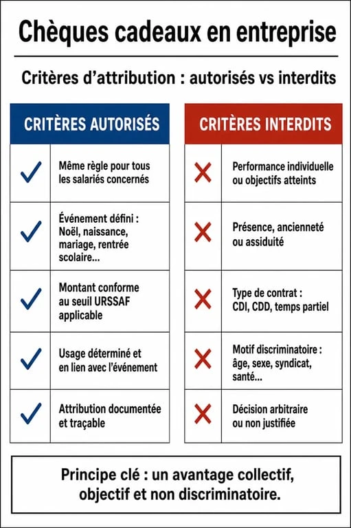 Infographie des critères d'attribution des chèques cadeaux et risques de discrimination en entreprise