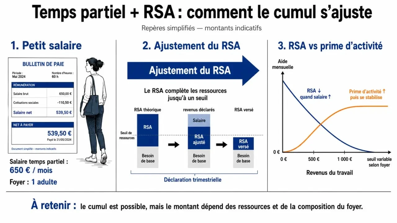 Temps partiel et RSA : illustration du cumul, de l’ajustement du montant et du passage possible vers la prime d’activité
