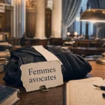 Femmes avocates : robe, registre de barreau et dossiers de droit en salle d’audience