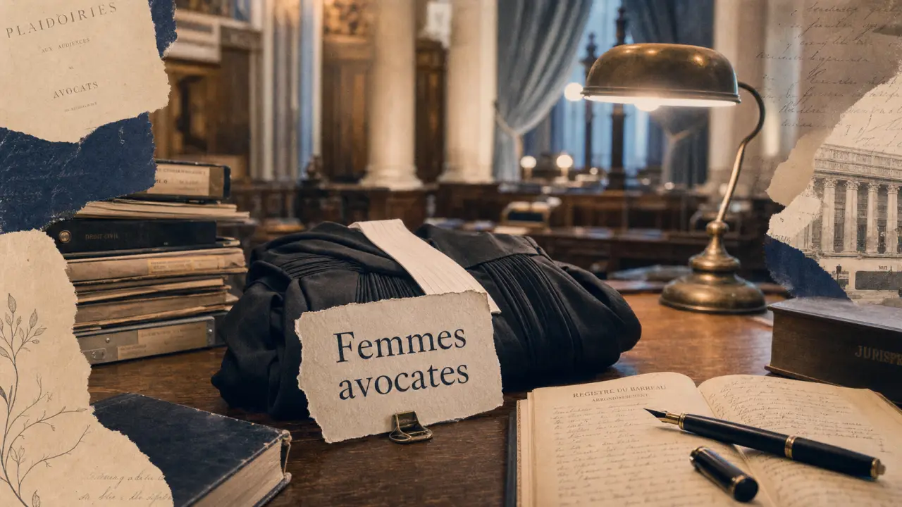 Femmes avocates : robe, registre de barreau et dossiers de droit en salle d’audience