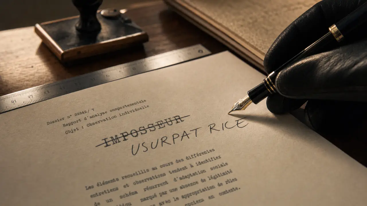 Imposteur féminin : « IMPOSSEUR » barré et correction manuscrite