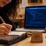Journée de la femme digitale : carnet, puce USB et badge sur bureau