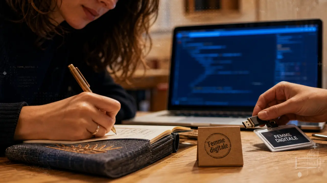 Journée de la femme digitale : carnet, puce USB et badge sur bureau