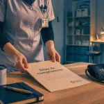 Bilan de compétences infirmier sur une table, dossier et documents