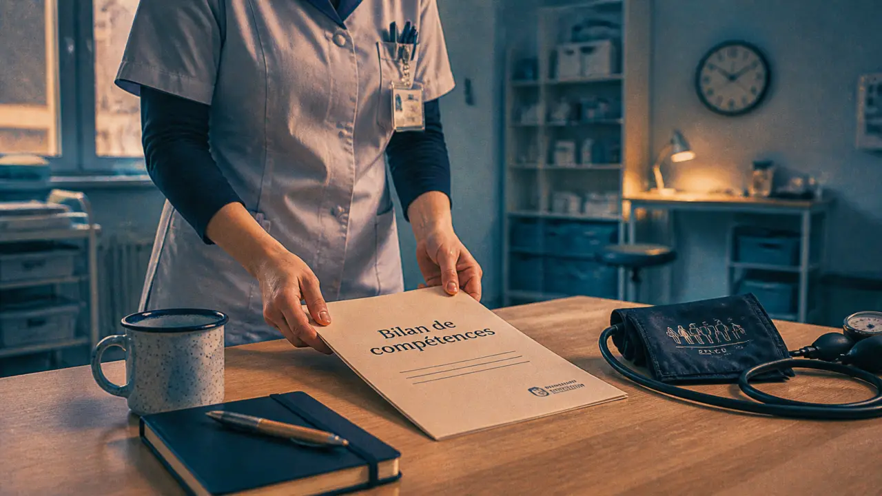 Bilan de compétences infirmier sur une table, dossier et documents