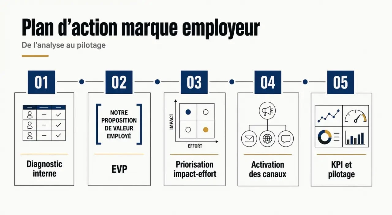 Plan d'action marque employeur illustré par une frise chronologique des étapes clés