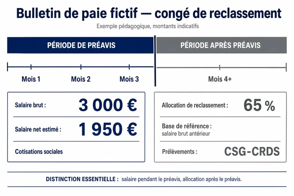 Exemple bulletin de paie congé de reclassement avec préavis, allocation et prélèvements sociaux