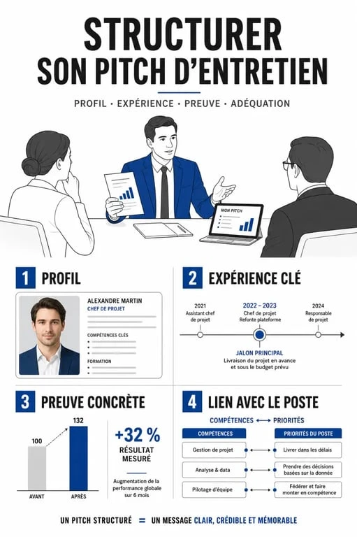 Illustration du pitch entretien d embauche avec un candidat qui présente son parcours de façon structurée en entretien