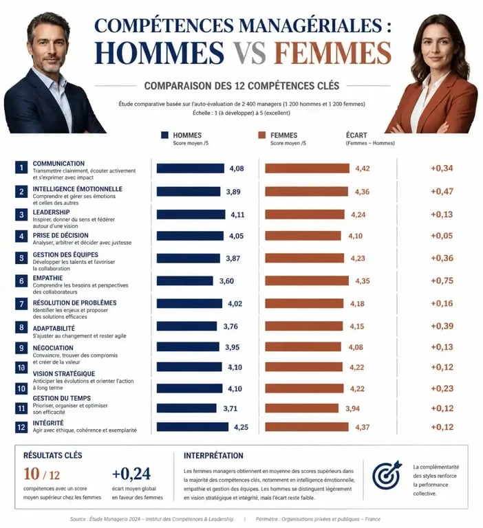 Infographie sur les compétences de manager au féminin et performance
