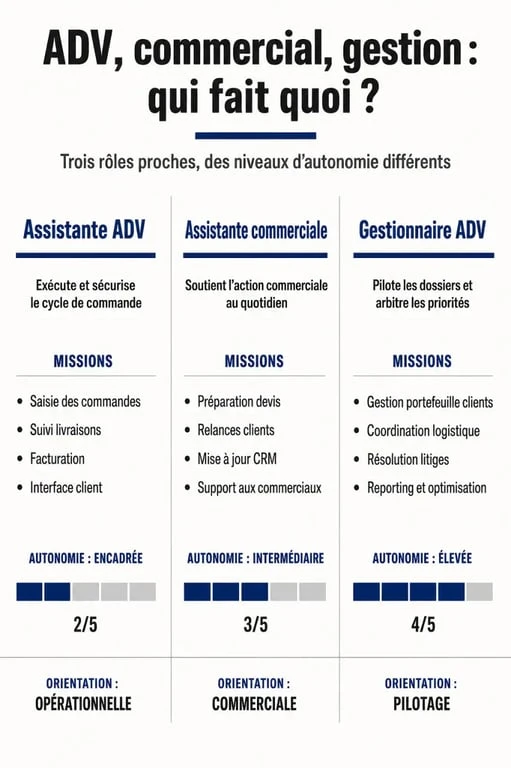 Assistante ADV c’est quoi : comparaison avec assistante commerciale et gestionnaire ADV