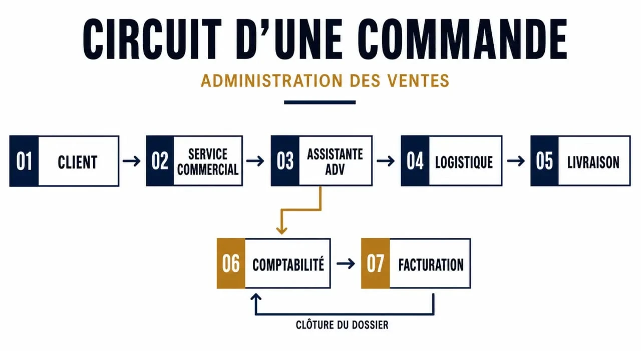 Assistante ADV c’est quoi : circuit d’une commande entre client, commercial, logistique et comptabilité