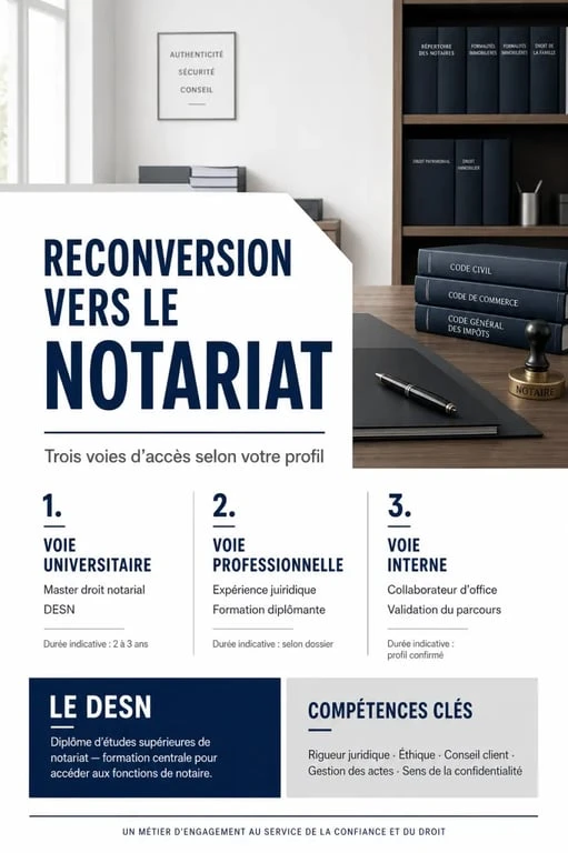 Visualisation de la reconversion notaire avec voies d'accès, durée et compétences clés