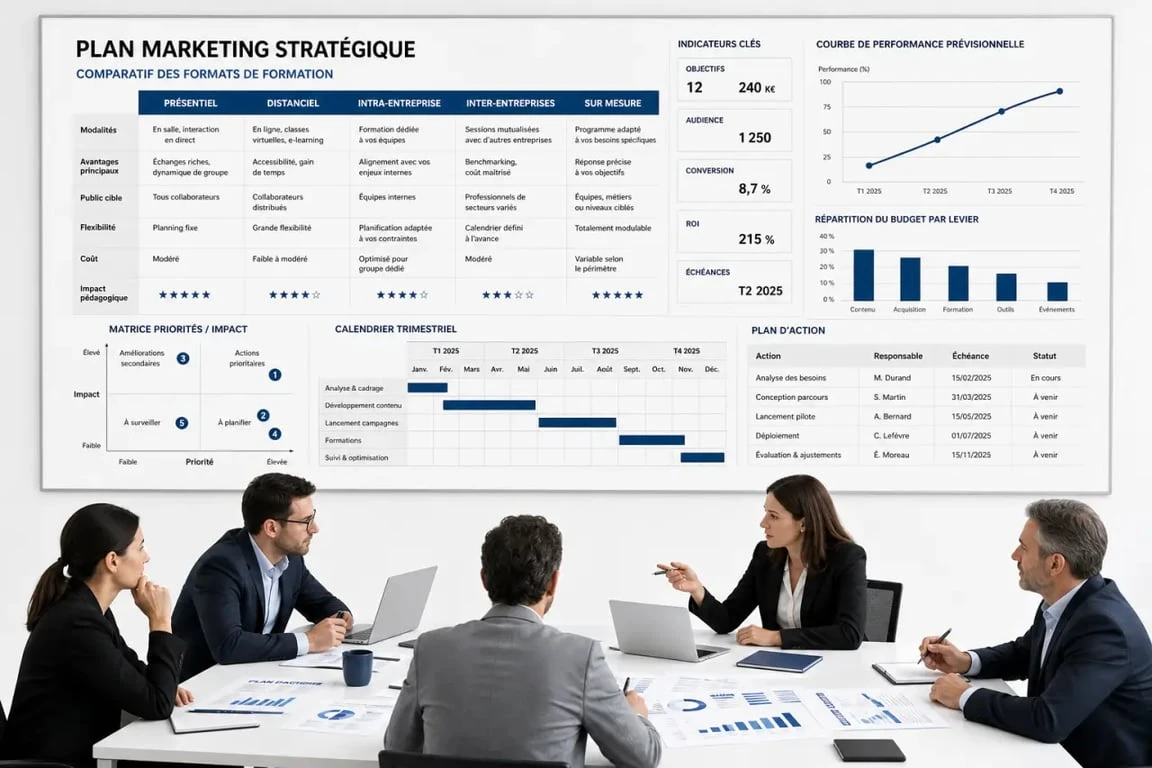 Formation plan marketing : illustration éditoriale d'une équipe analysant les formats de formation et le plan d'action
