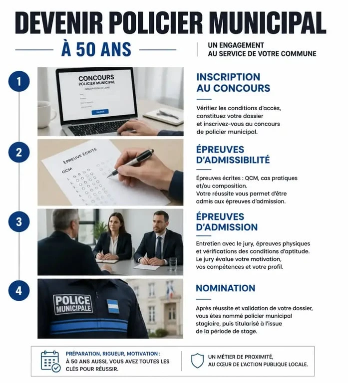 Infographie des étapes pour devenir policier municipal à 50 ans