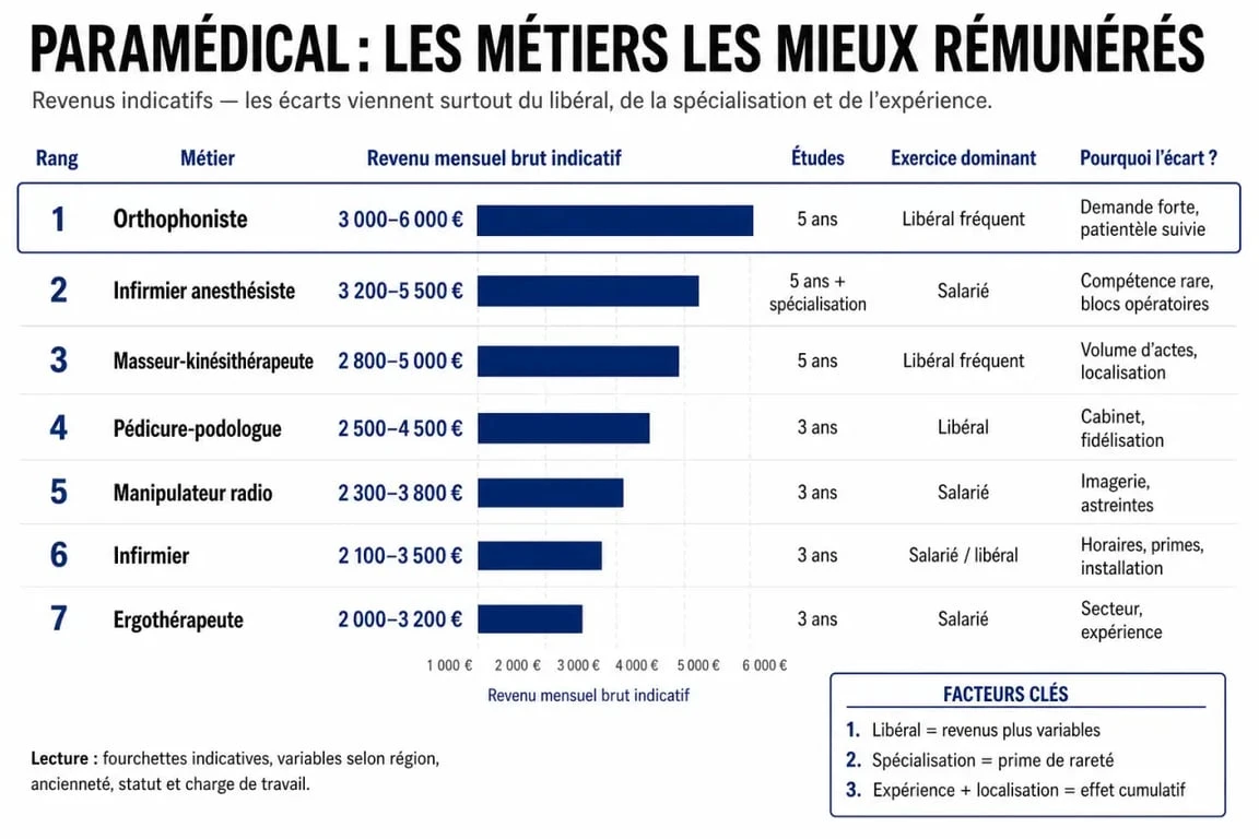 Infographie sur le métier paramédical bien payé avec comparaison des salaires, de la durée d’études et du statut d’exercice
