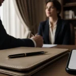 Pitch entretien d embauche : recruteur, dossier cuir et notes smartphone