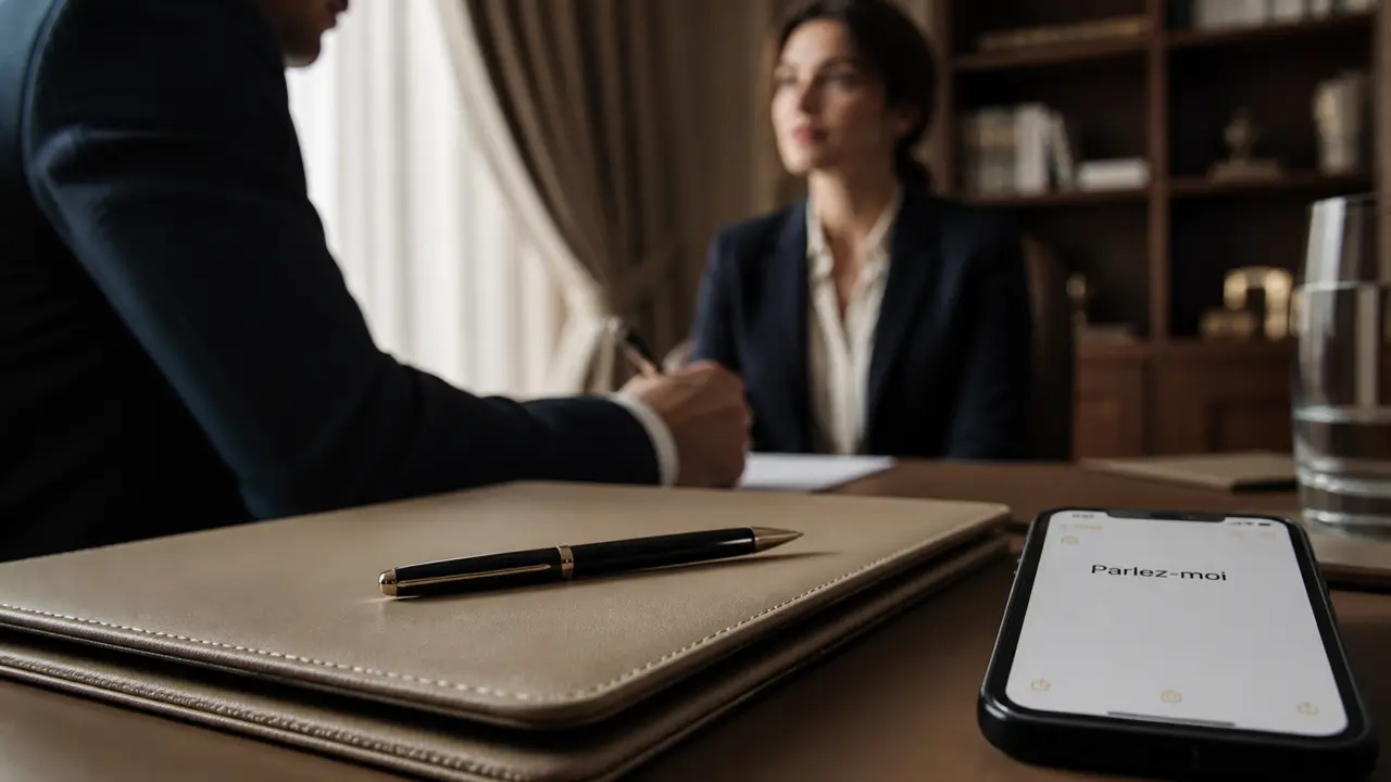 Pitch entretien d embauche : recruteur, dossier cuir et notes smartphone
