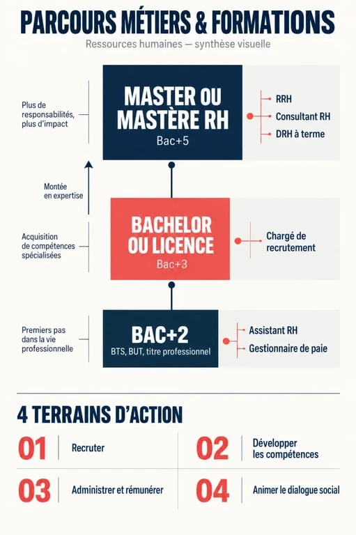 Management des ressources humaines : formations, métiers et quatre domaines d'action RH
