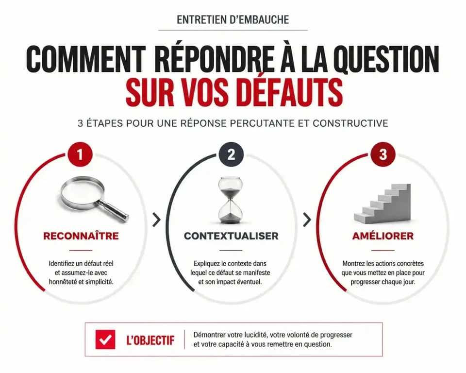 Infographie des 3 étapes pour présenter ses défauts en entretien d'embauche