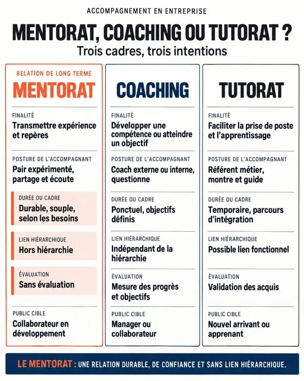 Infographie comparative du mentorat en entreprise, du coaching et du tutorat