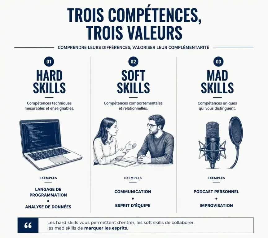 Infographie comparant les définitions des soft skills, hard skills et mad skills
