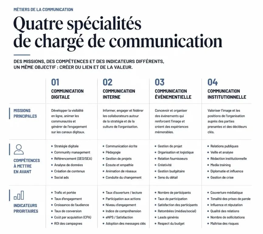 CV chargé de communication : comparaison des spécialités digitale, interne, événementielle et institutionnelle