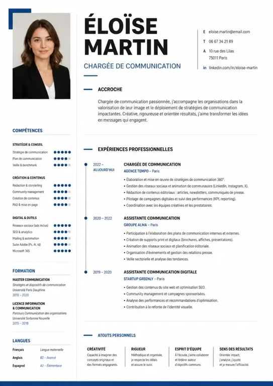 CV chargé de communication structuré avec les rubriques clés et une mise en page professionnelle