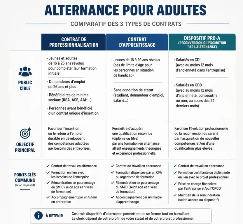 Tableau comparatif des contrats d'alternance adulte : professionnalisation, apprentissage et Pro-A