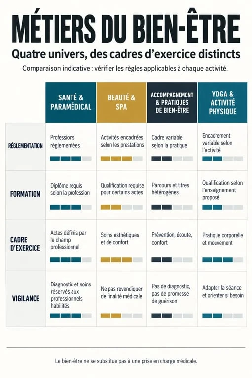 Infographie comparative des métiers bien être, de leur réglementation et de leurs parcours de formation