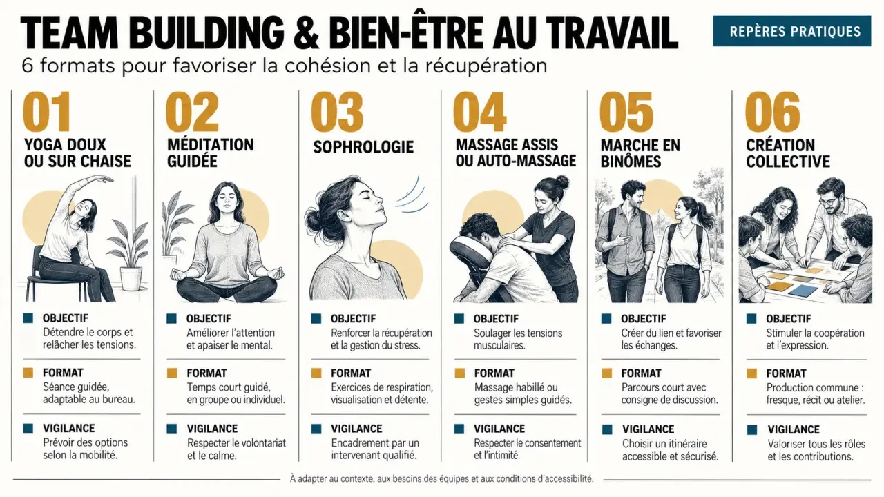 Team building bien-être au travail : comparaison visuelle des activités, objectifs et points de vigilance