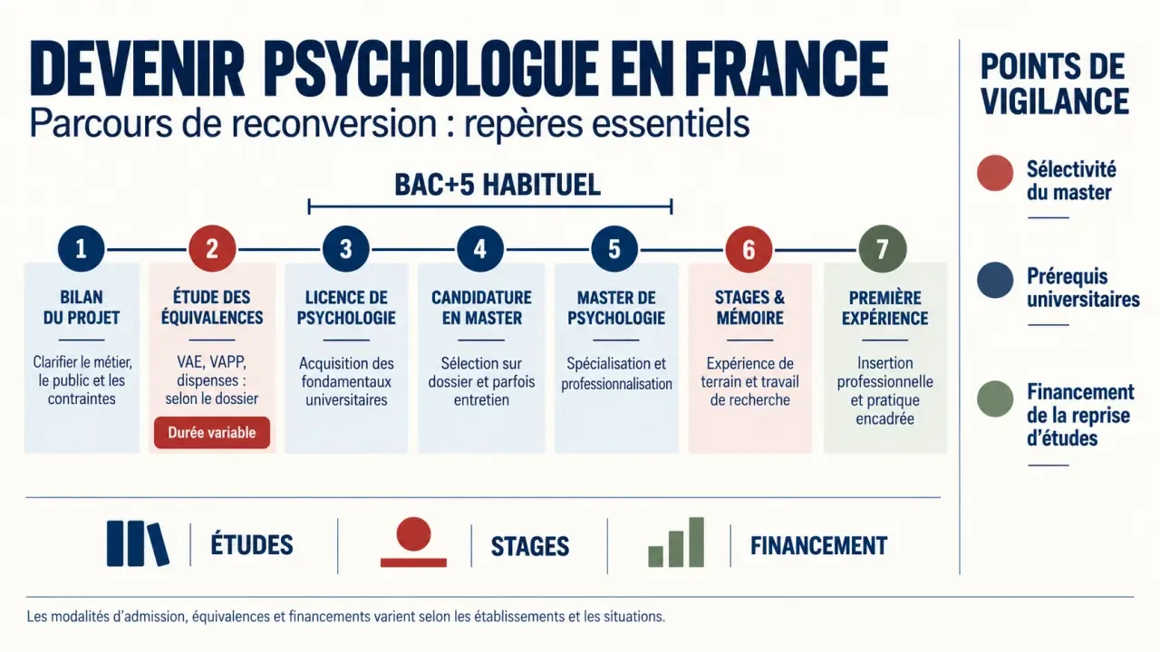 Infographie sur la reconversion psychologue et le parcours d’études jusqu’au master
