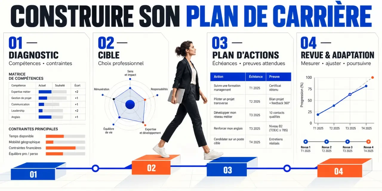 Illustration des étapes d’un plan de carrière, du diagnostic au suivi des actions