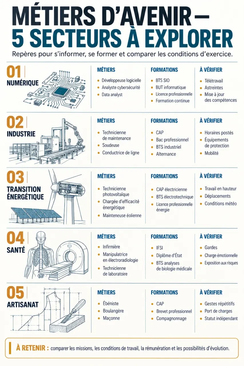 Infographie des métiers d'avenir pour les femmes dans le numérique, l'industrie, la santé, l'énergie et l'artisanat