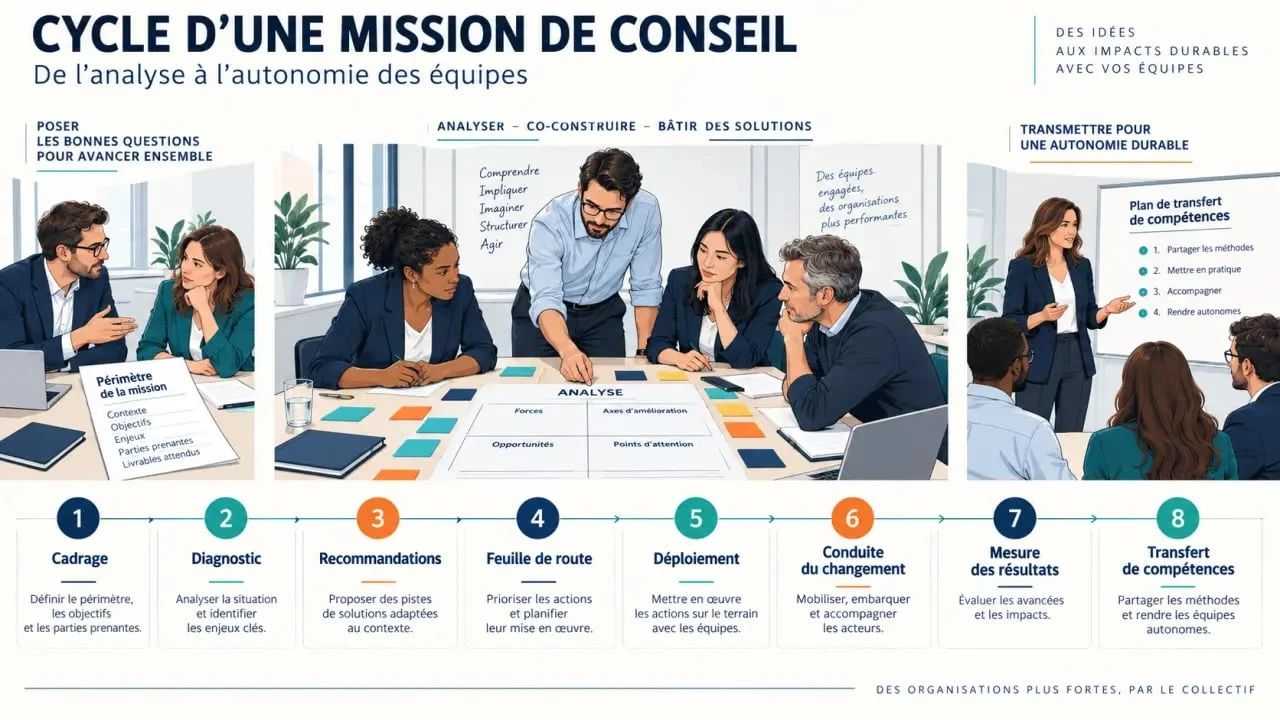Schéma du cycle d’une mission de conseil en management, du diagnostic au déploiement