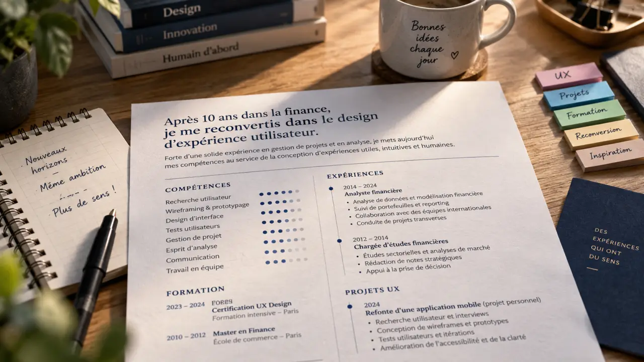 Phrase d'accroche reconversion professionnelle sur un CV ouvert